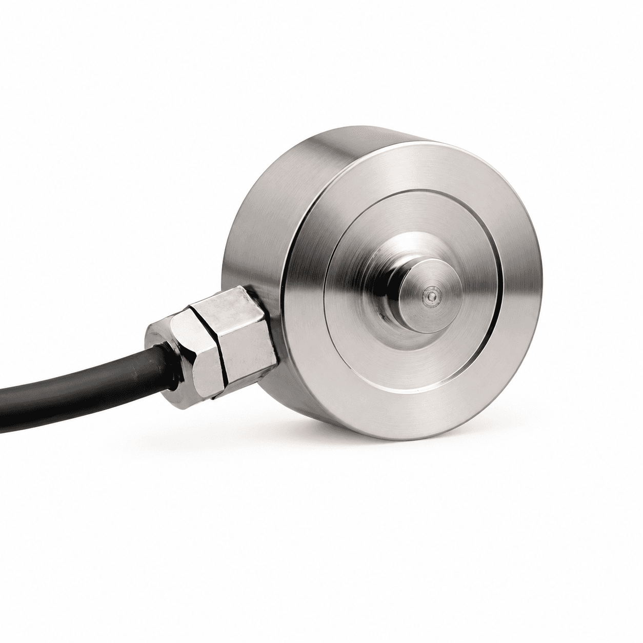 Round metal button concentric front center contact left hexagonal gland.