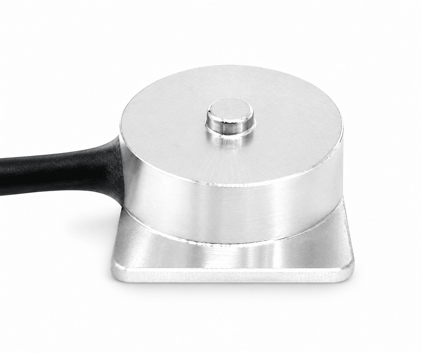 Stepped silver button raised center contact mounting flange black left cable.