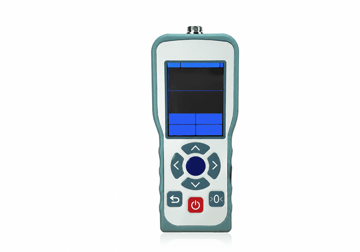 Teal and gray narrow handheld force readout; one top metal connector, rectangular screen with blue interface blocks, circular directional keys and blue center, three lower keys with red power key..