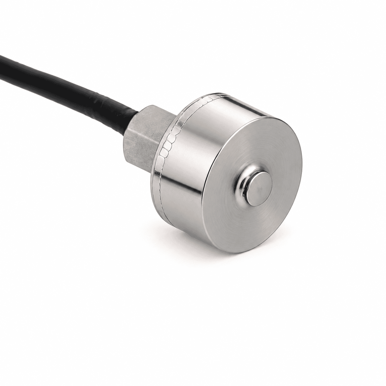Stepped cylindrical housing small raised front button black upper left cable.